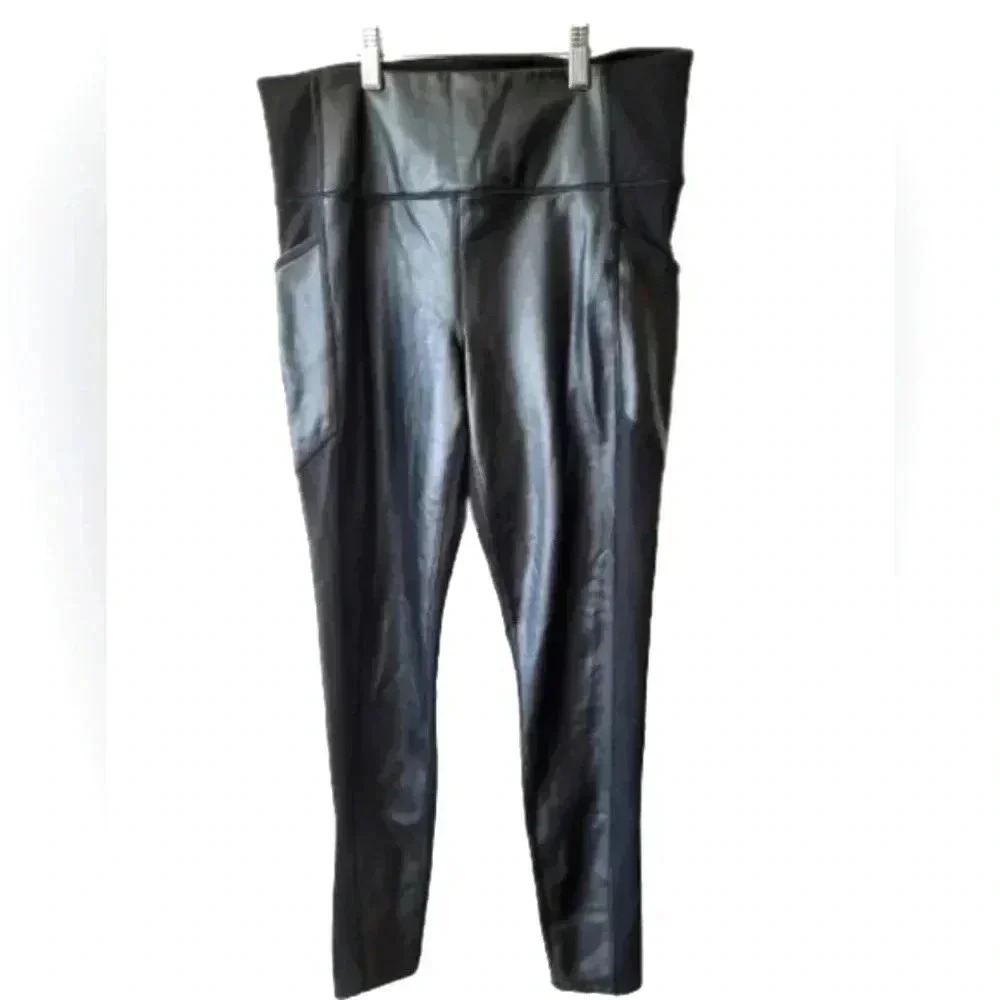 Athleta Black Faux Leather Front Leggings Medium Moto Athleisure